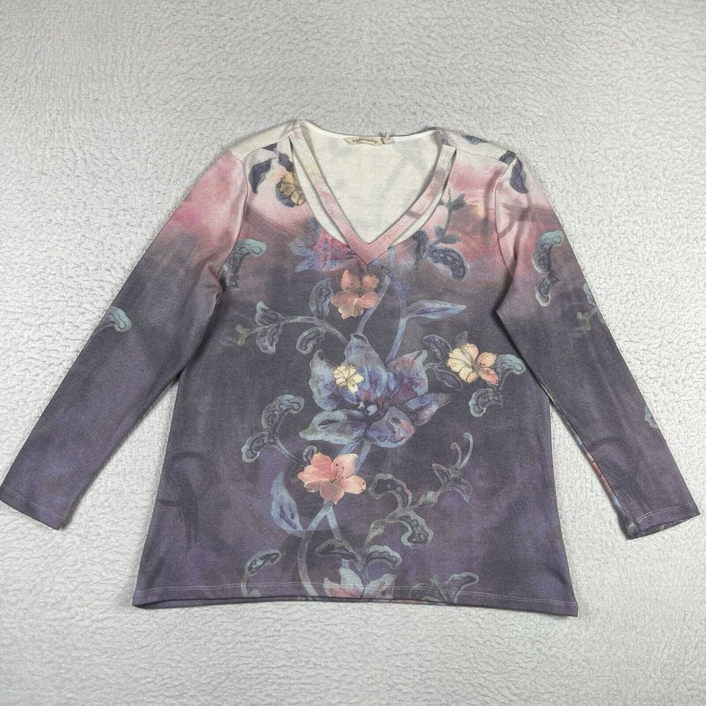 Soft Surroundings Shirt Womens Large Purple Cozy Soft Floral Tee Cut Out V Neck